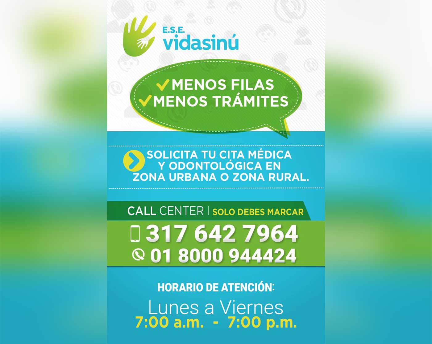 Recuerde estas son las líneas y horarios de atención de ESE VIDASINÚ LARAZÓN CO